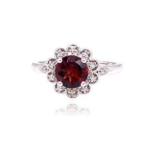 14K White Gold Garnet and Diamond Flower Ring